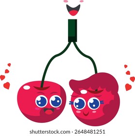 "Cute Cartoon Cherry Couple with Faces and Love Hearts – Vector Illustration"