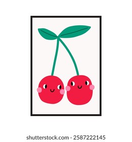 Cute Cartoon Cherry in flat style. Playful spring print