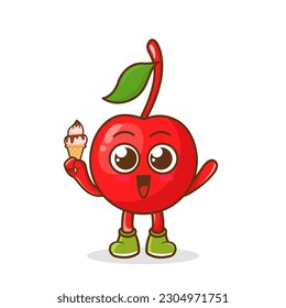 Cute Cartoon cherry fruit character holding ice cream cone