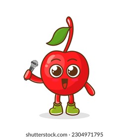 Cute cartoon cherry fruit singer character holding mic