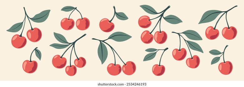 Um Bonito Conjunto De Ícones De Cereja. Solteiro, Par de Cerejas e Aglomerado de Cerejas com Folhas Clipart. Cherry Art, Modelo de design, Ilustração de vetor