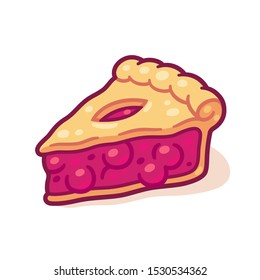 Cute cartoon cherry pie drawing. Hand drawn slice of traditional fruit pie. Isolated vector illustration.