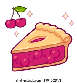 Cute cartoon cherry pie drawing. Simple hand drawn pie slice with cherries. Isolated vector clip art illustration.