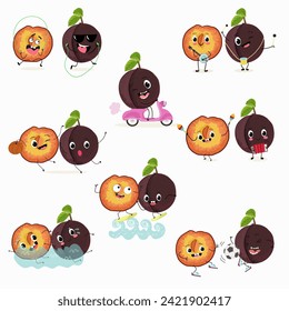 Cute cartoon cherry plum character set, collection. Flat vector illustration. Activities, playing musical instruments, sports, funny fruits.