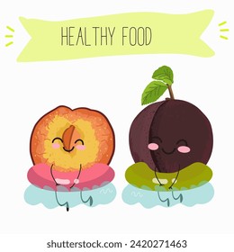 Cute  cartoon cherry plum characters with different activities. Flat vector illustration, funny fruits. Organic food.