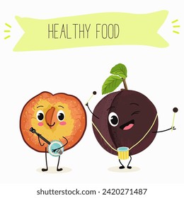 Personajes de dibujos animados de cerezo con diferentes actividades. Ilustración plana vectorial, frutos divertidos. Comida orgánica.