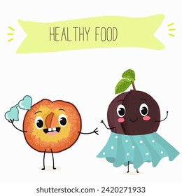 Cute  cartoon cherry plum characters with different activities. Flat vector illustration, funny fruits. Organic food.