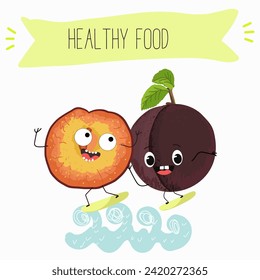 Cute  cartoon cherry plum characters with different activities. Flat vector illustration, funny fruits. Organic food.