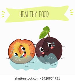 Cute  cartoon cherry plum characters with different activities. Flat vector illustration, funny fruits. Organic food.