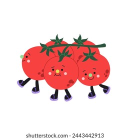 Ilustración linda de los tomates de cereza de dibujos animados sobre un fondo blanco. Personaje colorido divertido.