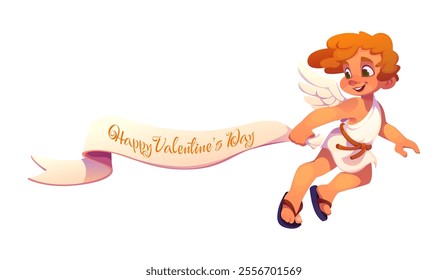 Cute cartoon cherub with valentine day banner for holiday celebration. Isolated vector adorable angel or cupid flying with romantic greetings, symbolizing love and festivity for Valentines Day event