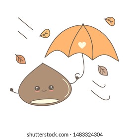 cute cartoon chestnut with umbrella in a fall autumn day funny vector illustration