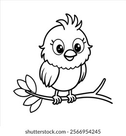 Cute cartoon chick, big eyes, fluffy feathers, small beak, perched on branch, simple line drawing, black and white illustration, kawaii style, children's book character, adorable baby animal, cheerful