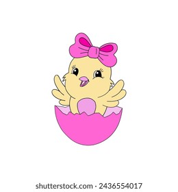 Cute cartoon chick with bow on the head in pink egg shell vector illustration isolated on white. Hand drawn linear happy Easter holiday print poster postcard themed graphics. 