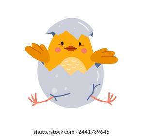 Cute cartoon chick character, adorned in yellow feathers, peeks out from cracked eggshell. Isolated vector hatching baby hen bird personage with innocent eyes and tiny beak exude irresistible cuteness
