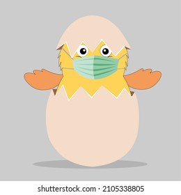 Cute cartoon chick in eggshell wearing mask. Happy Easter card vector illustration