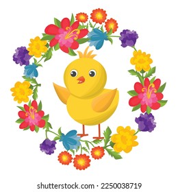 Cute cartoon chick in the flower wreath isolated on white background. Happy Easter greeting card. Spring concept.