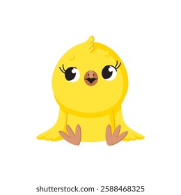 Cute cartoon chick. Funny yellow chick sitting.