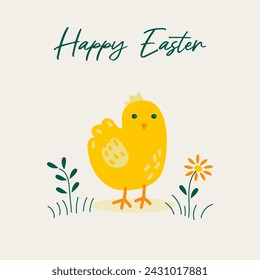 Chica de dibujos animados linda, feliz pascua, ilustración vectorial. Vector de invitación de póster de caza de huevos de Pascua. Pancarta de Feliz Pascua.	
