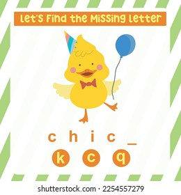 Cute cartoon a chick holding balloon. Educational spelling game for kids. Complete the missing letters for animal farm name in English. Kids educational worksheet.
