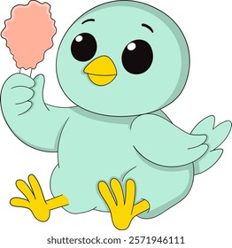 A cute cartoon chick holding a crispy fried chicken drumstick, designed with bright colors and a playful expression