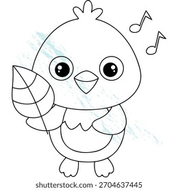Pollito lindo de la historieta que sostiene la hoja con las notas musicales del pájaro