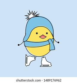 Cute cartoon chick ice-skating, winter time, vector illustration