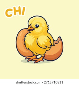 Ilustración linda de la etiqueta engomada del Vector del huevo de la mascota del pollito de la historieta