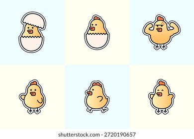 Conjunto de mascota linda del pollito de la historieta que muestra las poses de flexión que caminan de la eclosión