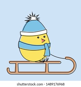 Cute cartoon chick on slide, winter time, vector illustration