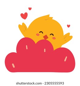 cute cartoon chick and pink cloud smile happily