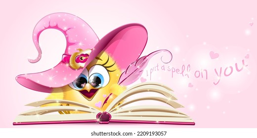 Cute Cartoon Chick In Pink Witch Hat Writes A Love Spell In A Pink Magic Book 