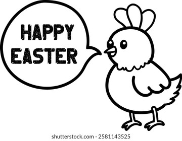 Cute Cartoon Chick Saying 'Happy Easter' in Speech Bubble Outline Drawing