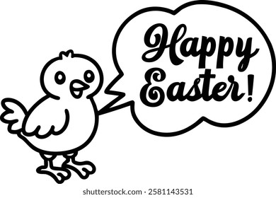 Cute Cartoon Chick Saying 'Happy Easter' in Speech Bubble Outline Drawing