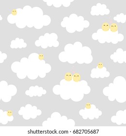 Cute Cartoon Chick Seamless Pattern with Cloud, Vector Illustration