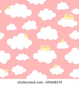 Cute Cartoon Chick Seamless Pattern with Cloud, Vector Illustration