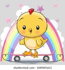 Cute Cartoon Chick with skateboard on a rainbow background