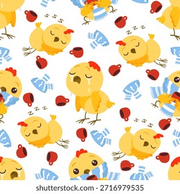 Linda chica de dibujos animados durmiendo, llorando y bebiendo té. Patrón inconsútil del pájaro del bebé. Impresión repetida. Pájaro de granja feliz o triste. Personaje divertido con bufanda y taza. Mascotas avícolas soñando. Vector de fondo