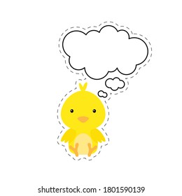 Una chica de caricatura con una pegatina de burbuja de habla. Carácter kawaii sobre fondo blanco. Caricatura sentada en el clipart de la postal animal para el cumpleaños, la ducha de bebé, fiesta. Ilustración de material vectorial.
