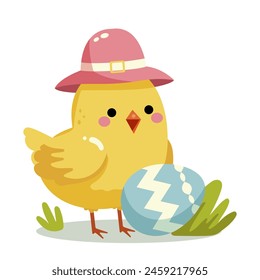 A cute cartoon chick wearing a pink hat next to a decorated Easter egg, with a simple white background. Vector illustration