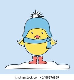 Cute cartoon chick, winter time, vector illustration