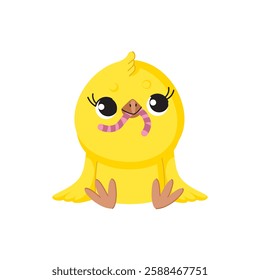 Cute cartoon chick with a worm. Funny yellow chick.