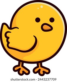 Cute cartoon chick, yellow with a simple, clear design, standing and smiling.