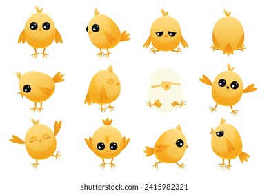 Cute cartoon chicken baby. Yellow farm poultry with beak and wings, simple happy animal characters with different emotions. Vector isolated set. Little chicks hatching in broken eggshells
