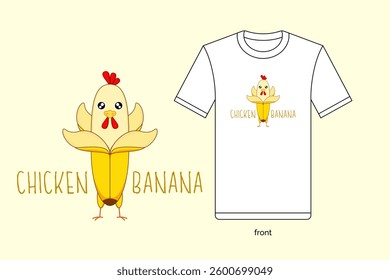 Cute cartoon chicken banana illustration in vector design, with T-shirt mockup. EPS 10