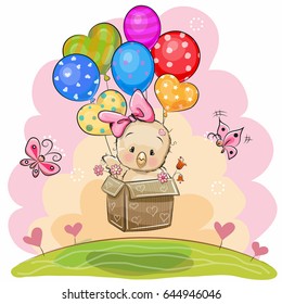 Cute Cartoon Chicken in the box is flying on balloons