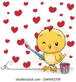 Cute Cartoon Chicken with brush is drawing red hearts