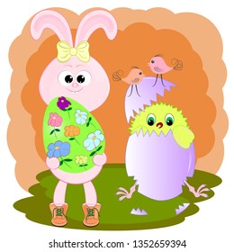 cute cartoon chicken and bunny with easter eg. vector illustration. rabbit cartoon vector illustration.