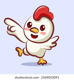 Cute cartoon chicken character with hand pointing up