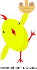 cute cartoon chicken character posing with a basket in which eggs lie an object on a white background food and farming concept